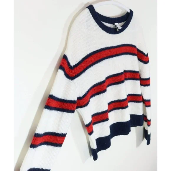 DIVIDED BY H&M Size L Red White Navy Blue Striped Cropped Pullover Sweater - Picture 2 of 5